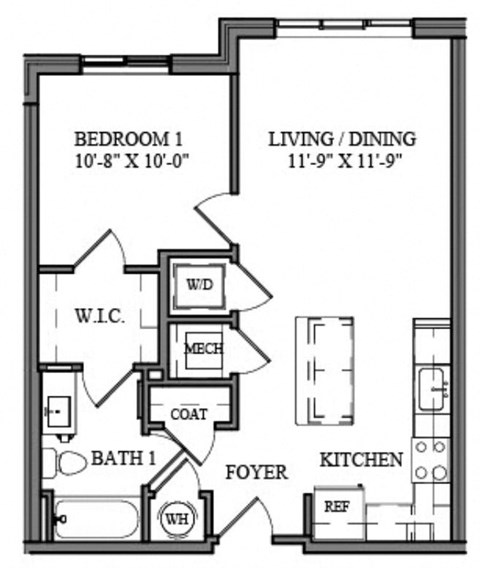 Floor plan for 1 bed, 1 bath, 726 sqft